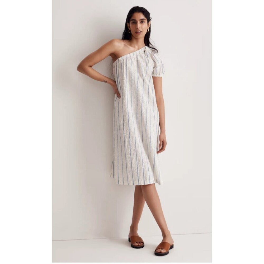 Madewell $90 Seersucker One-Shoulder Midi Dress Stripe Size S NJ887